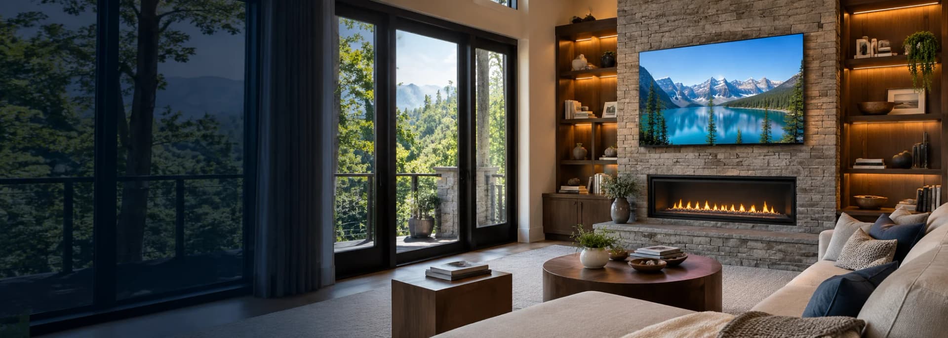 Residential AV design inspiration: a bright living room with a wall-mounted TV, stone fireplace, and built-in shelving