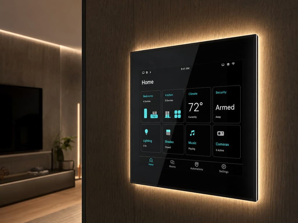 Wall-mounted touch panel controlling lighting, shades, audio, and cameras