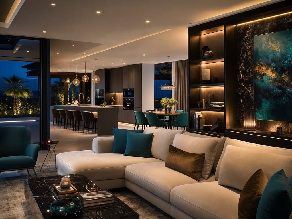 Living room with layered accent lighting, illuminated shelving, and cove lighting