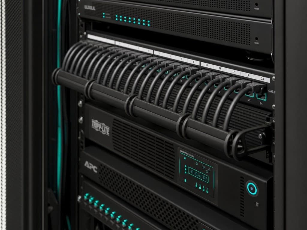 Organized network rack with switches, a labeled patch panel, and battery backup
