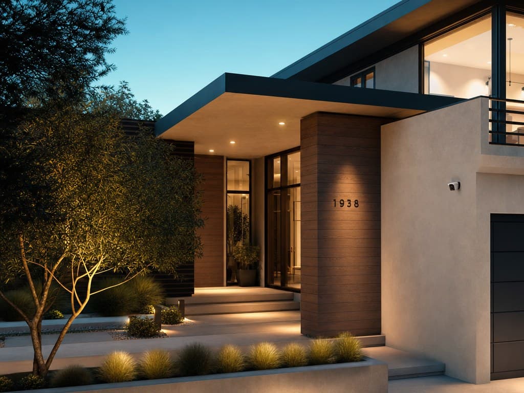 Modern home exterior at dusk with a security camera mounted beside the garage