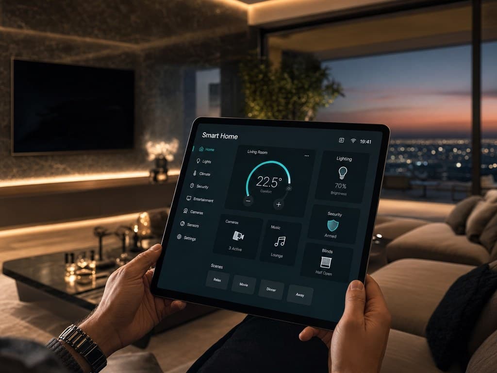 Homeowner controlling lighting, climate, and cameras from a smart home app on a tablet