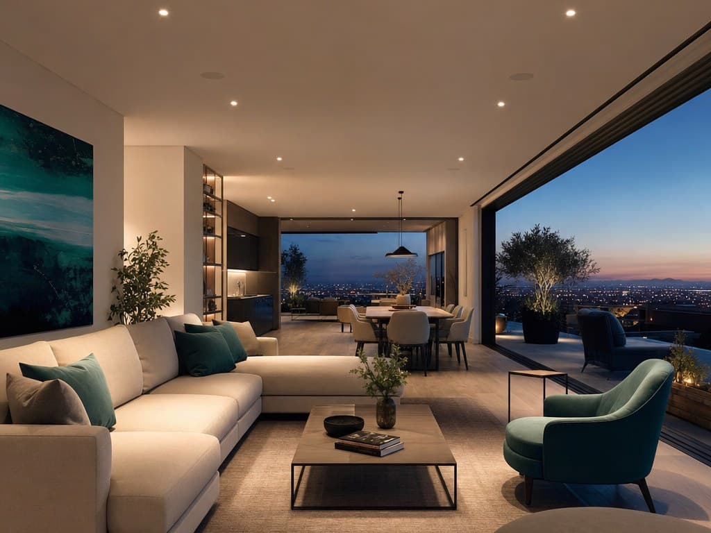 Open-plan living room with in-ceiling speakers and a city view at dusk