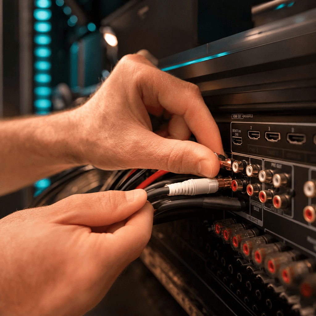 ISG technician connecting AV equipment