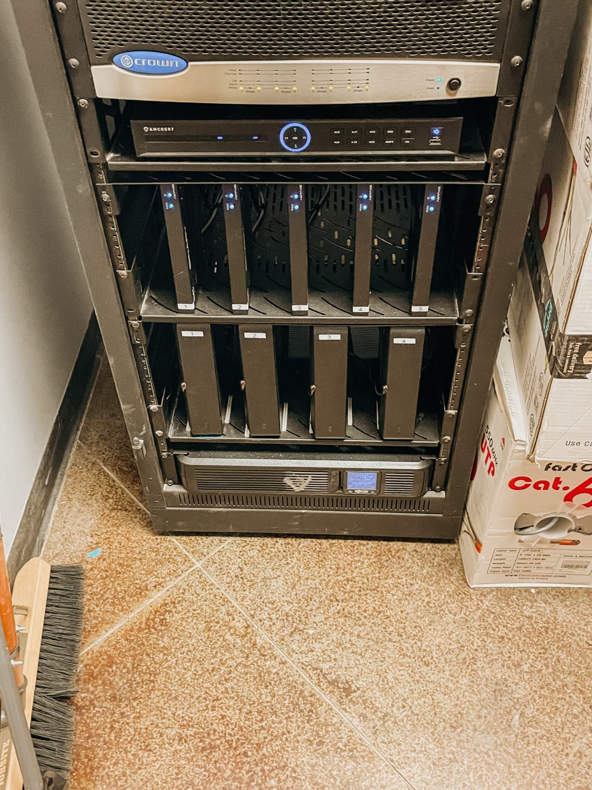 Neatly wired AV equipment rack for a restaurant installation