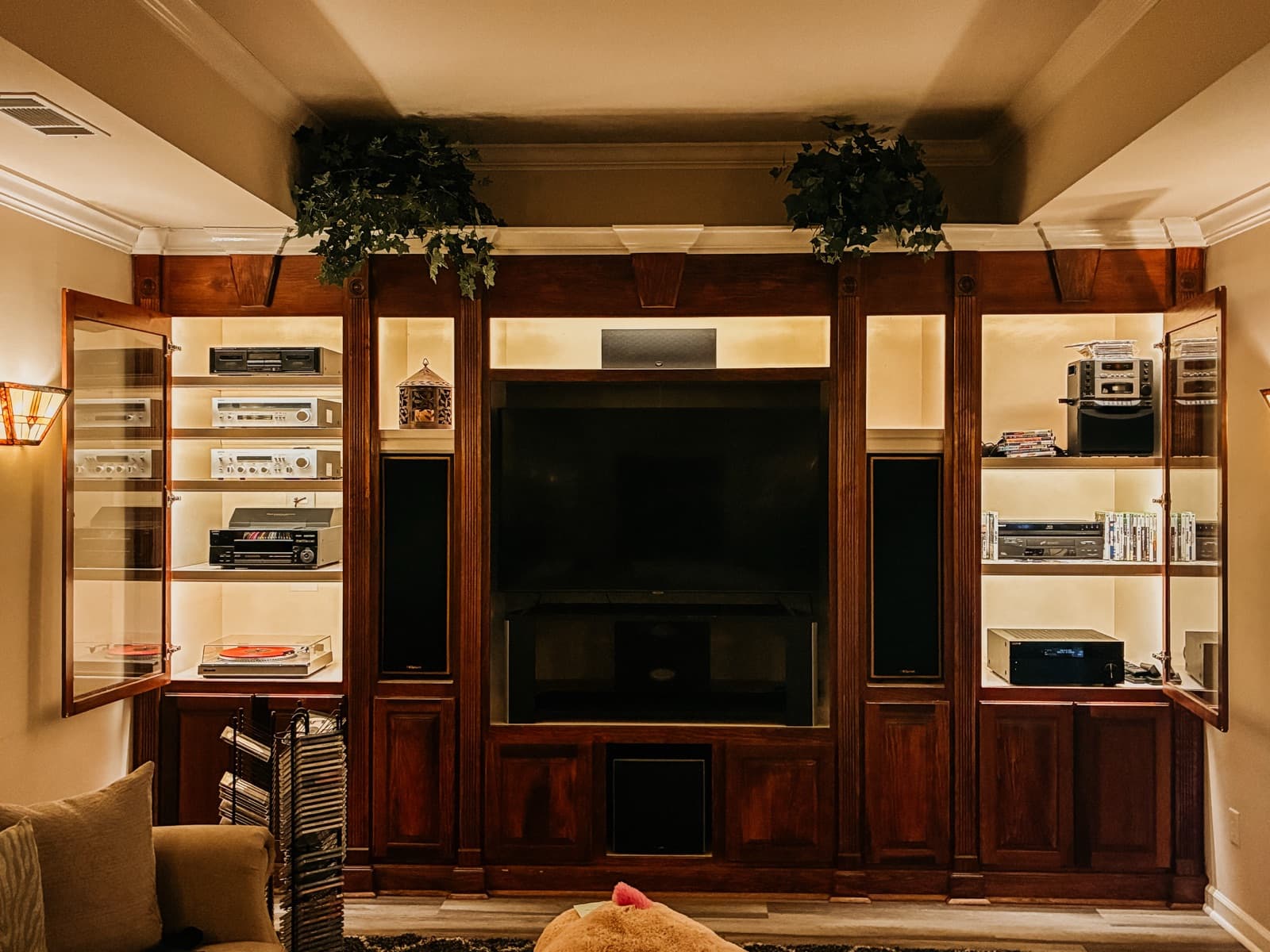 In-cabinet LED tape lighting highlighting Hi-Fi audio equipment